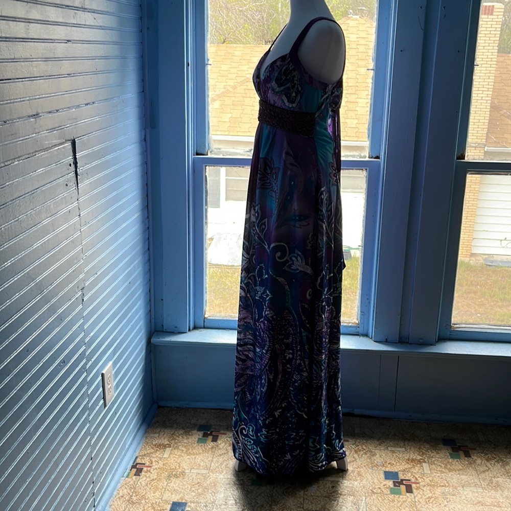 Xoxo floor length satin feel dress. Low cut back detailing front bust v- neck.